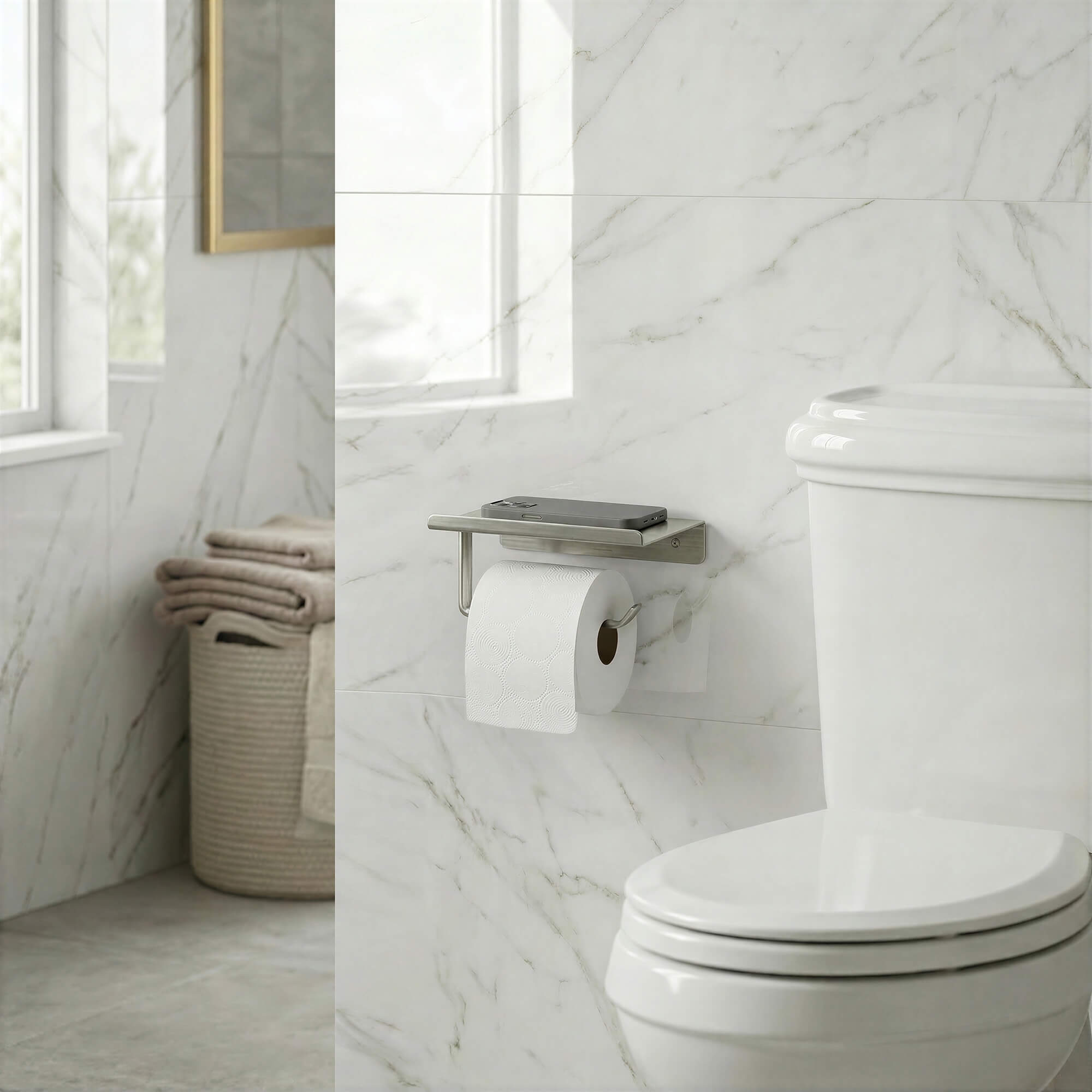 Gil Toilet Paper Dispenser in Brushed Nickel, lifestyle view.
