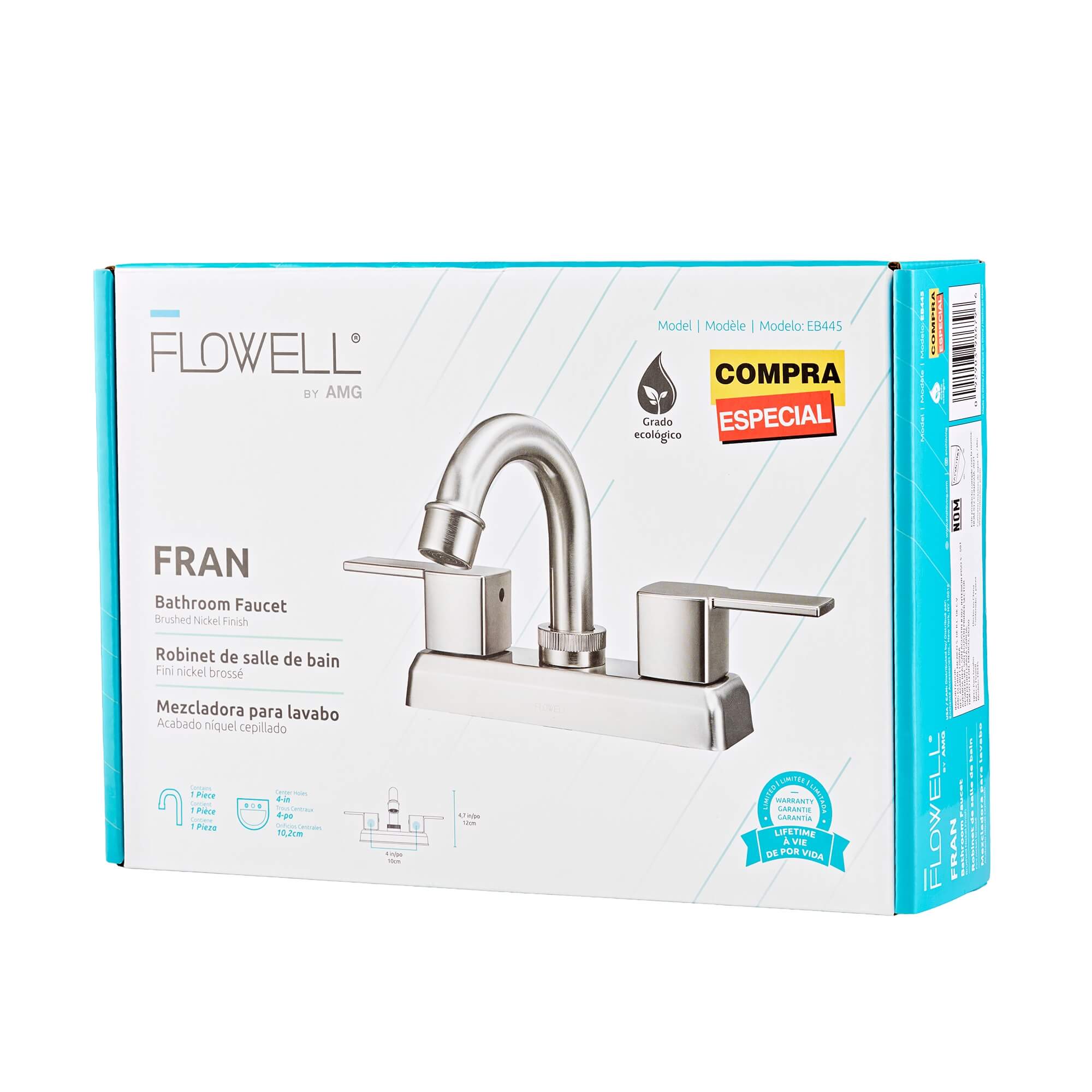 Fran 2-Handle Bathroom Faucet in Brushed Nickel, packaging view.