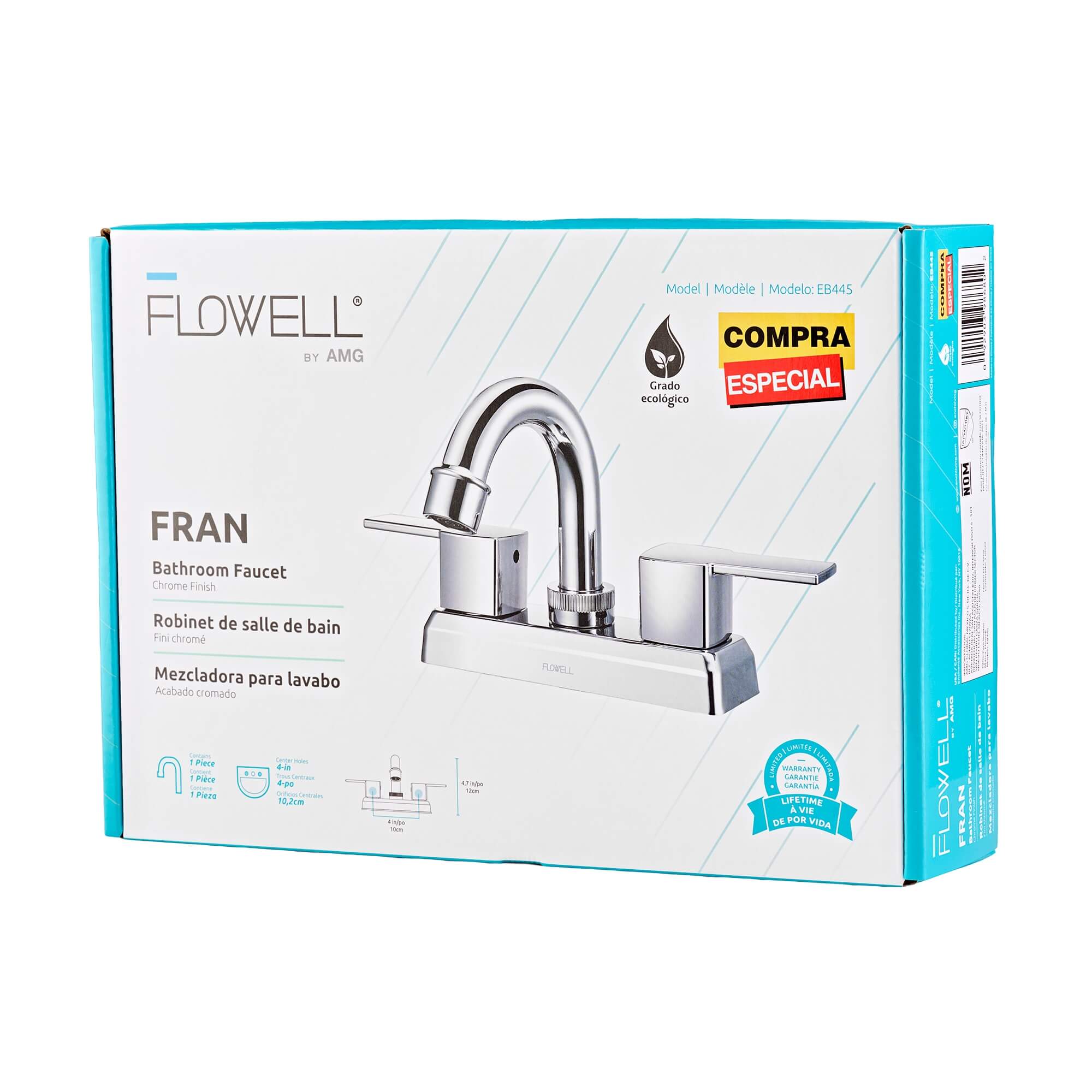 Fran 2-Handle Bathroom Faucet in Chrome, packaging view.